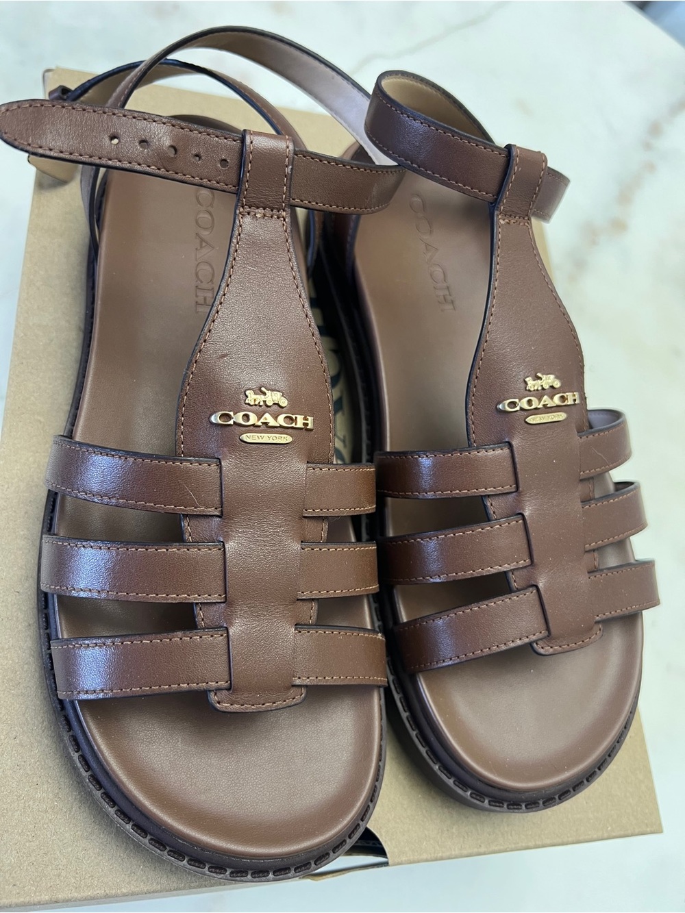 NWT Coach Brown Leather Gladiator Sandals with Gold Logo CR866 - Picture 2 of 6